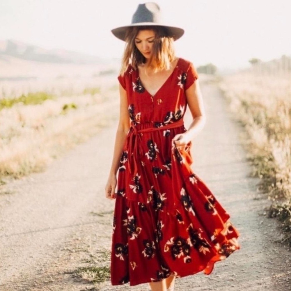 Free People All I Got Maxi Dress Prairie Floral Red waist tie size 4 Cap Sleeves - Picture 1 of 6